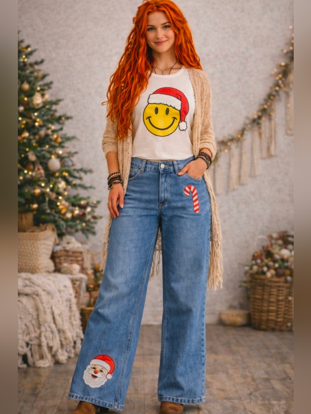 Flamingals Christmas Embroidered Wide Leg Jeans Sz XL